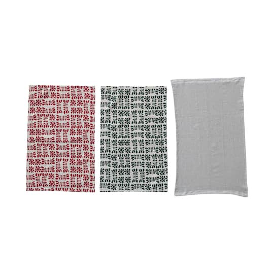 Hello Honey® Red, Green & White Printed Waffle Weave Stonewashed Cotton Tea Towels, 3ct.